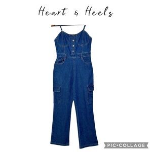 Heart & Heels Sweetheart neckline Bootcut cargo denim jumpsuit romper size L NWT